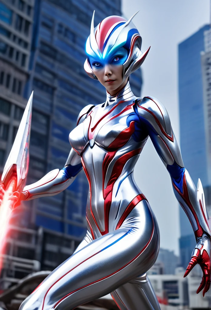 A female alien with a shiny silver body and red and blue lines.、Giant、Ultraman Lady、Troublesome pose、Fighting with monsters