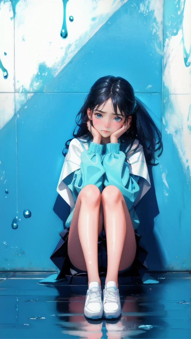 Generate an image with a blue background that matches the original, featuring a cute girl replacing the upset boy. The girl should have a similar expression of frustration, with water dripping down her face and clothes. She should be sitting in the same position, surrounded by puddles and water splashes, keeping the glossy, wet style intact. The phrase 'Stuck Transaction' should remain visible, maintaining the original image's mood and message