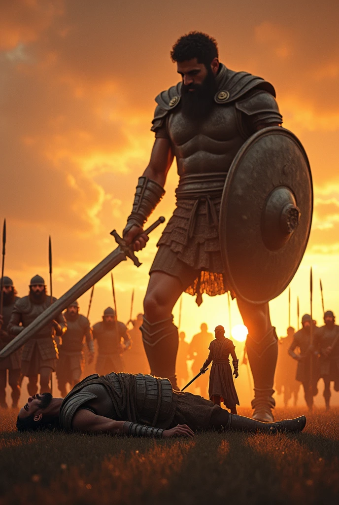 (Photorealism:1.2), the giant goliath fallen to the ground unconscious, David standing next to the giant, with a sword held in his hand, and the army fleeing in fear. ao por do sol.