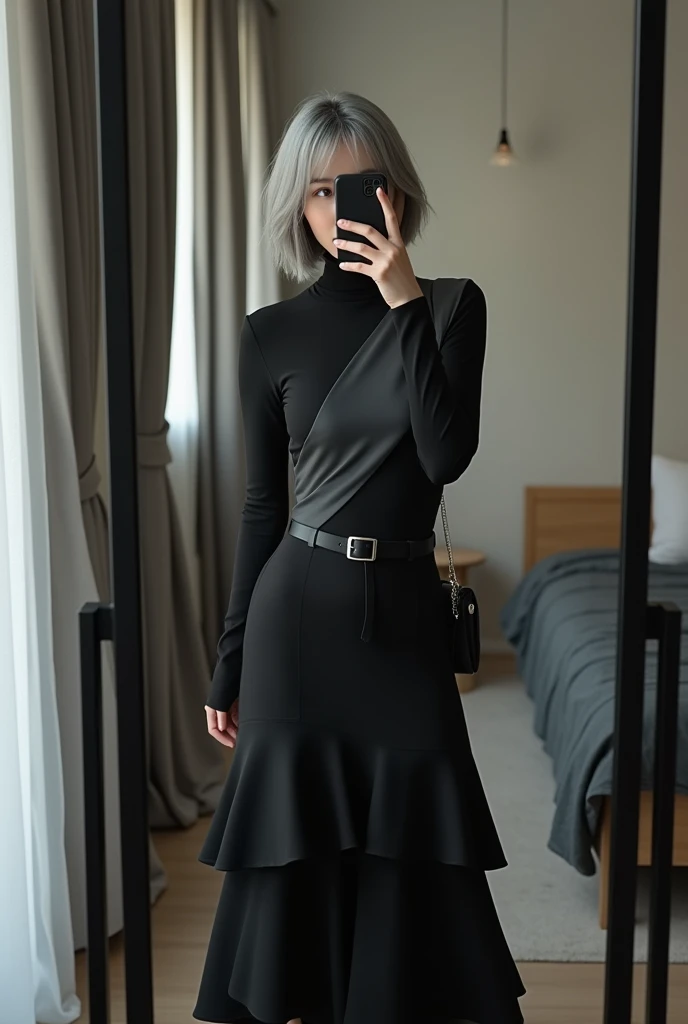 highly detailed, beautiful, hyper Realistic girl, masterpiece, best quality, Japanese sexy gravure woman, 28 years old, identity hidden, takes a selfie in her room using a smartphone in front of a mirror with one hand, fashion model Posing, looking away from the camera, /// gray short hair, light color eyes, Realistic skin, Detailed face, /// black-themed, futuristic-inspired fall outfit, black asymmetrical long shirt with a sleek, form-fitting turtleneck in a soft gray fabric. Combine this with high-waisted black layered maxi skirt made from a modern silhouette, Footwear should include black, futuristic sneakers with Thick soles. Accessories might involve a slim, metallic belt and a minimalist silver crossbody bag. The overall look should blend modern functionality with futuristic elements, offering a fresh, forward-thinking take on autumn fashion, /// Monotone simple modern taste single room, mirror, complicated background