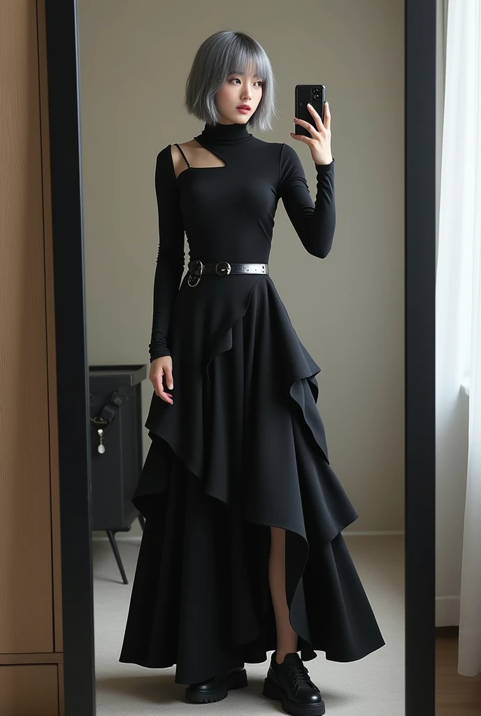 highly detailed, beautiful, hyper Realistic girl, masterpiece, best quality, Japanese sexy gravure woman, 28 years old, identity hidden, takes a selfie in her room using a smartphone in front of a mirror with one hand, fashion model Posing, looking away from the camera, /// gray short hair, light color eyes, Realistic skin, Detailed face, /// black-themed, futuristic-inspired fall outfit, black asymmetrical long shirt with a sleek, form-fitting turtleneck in a soft gray fabric. Combine this with high-waisted black layered maxi skirt made from a modern silhouette, Footwear should include black, futuristic sneakers with Thick soles. Accessories might involve a slim, metallic belt and a minimalist silver crossbody bag. The overall look should blend modern functionality with futuristic elements, offering a fresh, forward-thinking take on autumn fashion, /// Monotone simple modern taste single room, mirror, complicated background