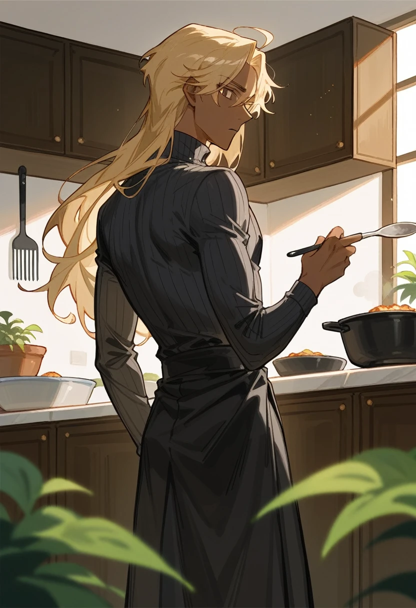 anime adult black man, male, long waist length bleached blonde hair, hair is waist length, long hair, very dark skin, has hazel brown eyes, lean build, wearing black turtleneck sweater with high waisted slacks. Mid waist shot, in kitchen. Masculine jawline. Is leaning against countertop, cooking food in pan. Background is of an expensive kitchen with black and red colors with hints of green plants. Back is facing viewer in three fourths angle