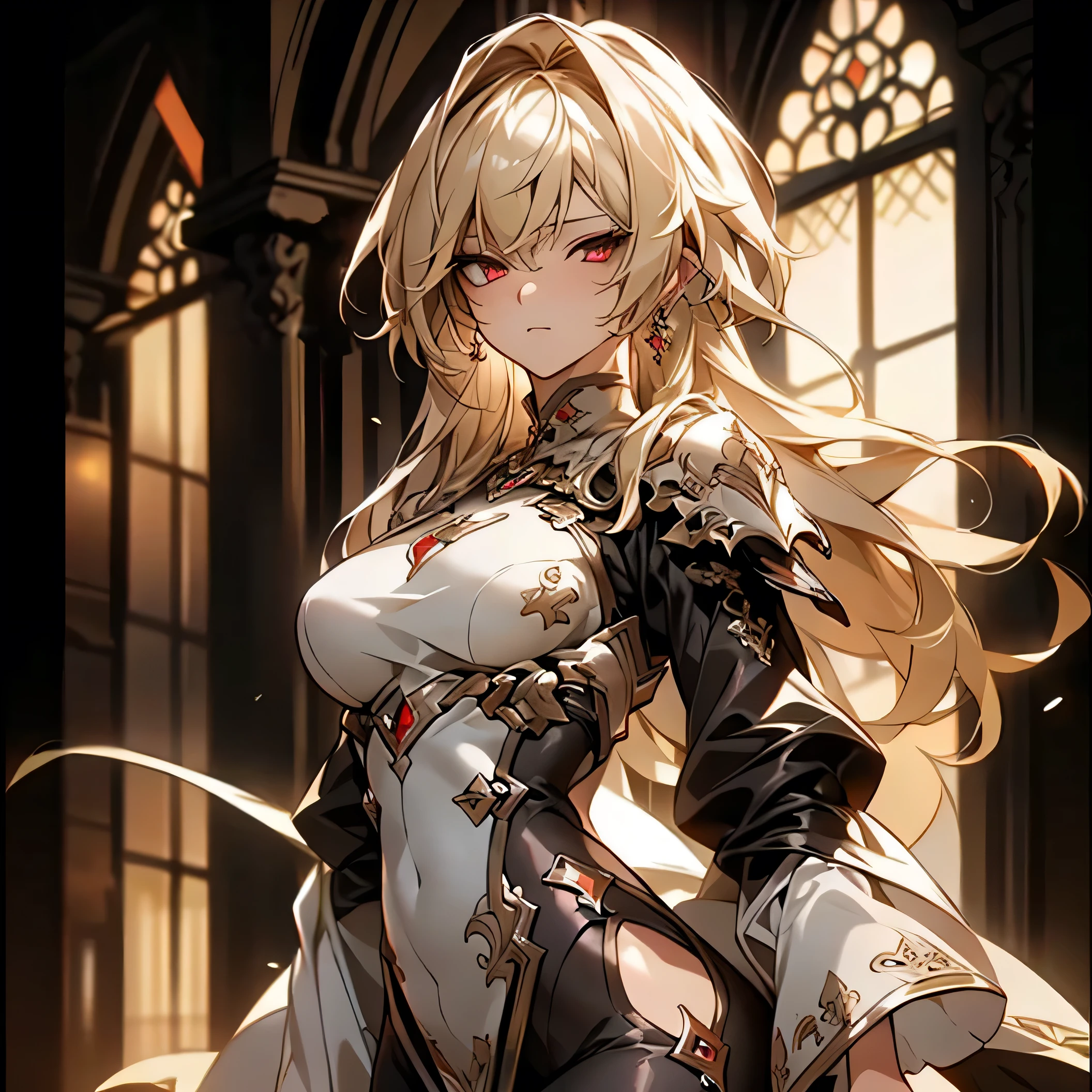 (best quality)), ((Masterpiece)), (details:1.4), 3d, HDR (high dynamic range), an image of a beautiful cyberpunk female, Blonde hair, Curtain Bangs, Red eyes, hips up, จมูกโด่ง, ปากแดง, หน้าอกใหญ่, nvidia RTX, PBR surface, After processing, Anisotropic filtration,depth of field, Maximum clarity and clarity, multi-layered surface, Subsurface scattering, perfect proportions, 8K raw files, ultra detailed, Perfect proportions, volumetric lighting, soft lighting, Holy Paladin, Heavy Black Armor, intricate silver embroidery, glossy skin, gorgeous, intricate grey background, strong back lighting, jewely, ต่างหู , นิ้วมือสมบูรณ์, กระโปรงสั้น