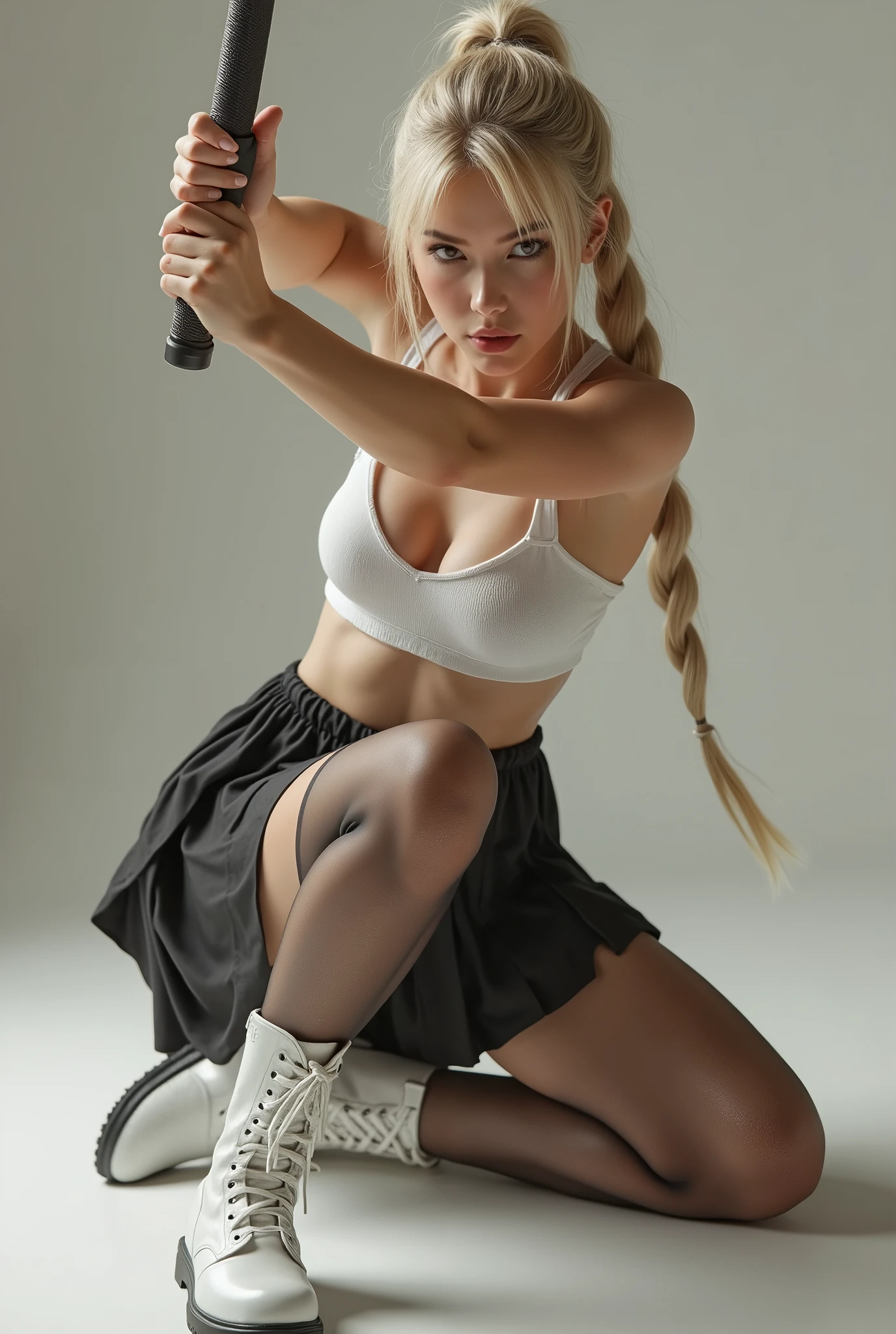 masterpiece, Best Quality, super rendering, super Realistic, High Detail Face, Clean and delicate face, whole body, Crouch and swing a long sword, grip the sword anatomically correctly, Single Braided blonde pony tail, parted bangs, forehead, wearing a camisole and pleated mini skirt, white high cut underwear, Sleeveless, black pantyhose, white short boots, glaring at the viewer, simple color background ,(photorealistic:1.5) ,big breast ,small waist ,hour glass figure,big ass