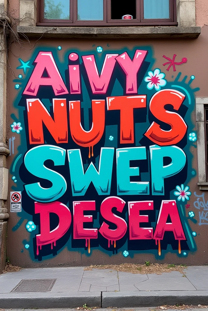 Grafitty wall with the names “aivy” “nuts” “swep” “desea” on it