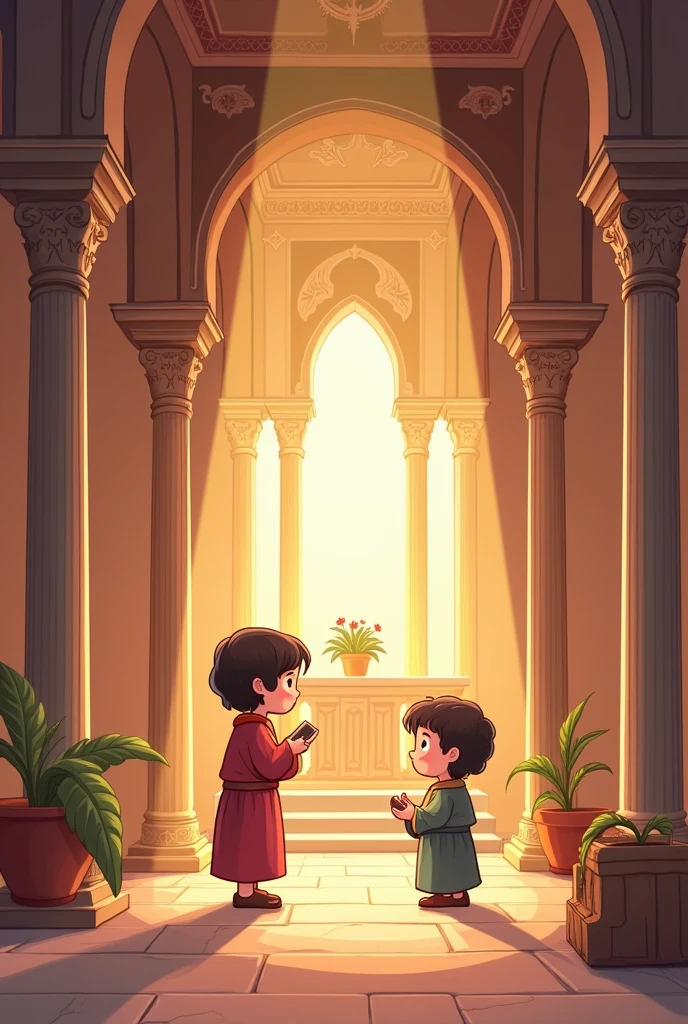 A heartwarming chibi-style illustration of the inside the temple from  of the pharisee and the tax collector . The background features no people and only the inside  of the temple, a simple yet charming storybook setting. The overall atmosphere is peaceful and comforting, perfect for a storybook adaptation.