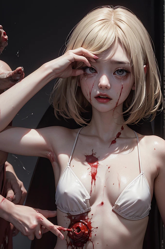 Highest quality, masterpiece, look up, cute,(Horror),(((少女の美しいzombie))),((zombie)),((This girl is dead)),(Being attacked),Trying to bite,(((Bleeding,Injured))),(((Shedding tears of blood))),((Bloodbath)),((口からBleeding)),((Covered in blood)),(A body covered in wounds),((zombieに身体中を噛みつかれた)),((Sexy)),(sexy),((Small breasts)),(),(high school girl,uniform),Bobcut,(((Masturbation))),((semen)),Beautiful Style,(Eternal Pleasure),(((Lower body exposed))),(((Pale skin))),((Sensual look)),(Sexy表情),(Expressions of delight),((fearと快楽の表情)),((Ahegao)),(Dark atmosphere),(Dark atmosphere,fear),((Dim lighting))