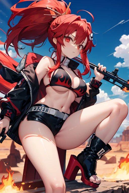 Yoko Littner red hair with long ponytail black bra with red flames black shorts with white belt on high heels open toe with platform sexy stripper white with red flames with a long rifle in the desert