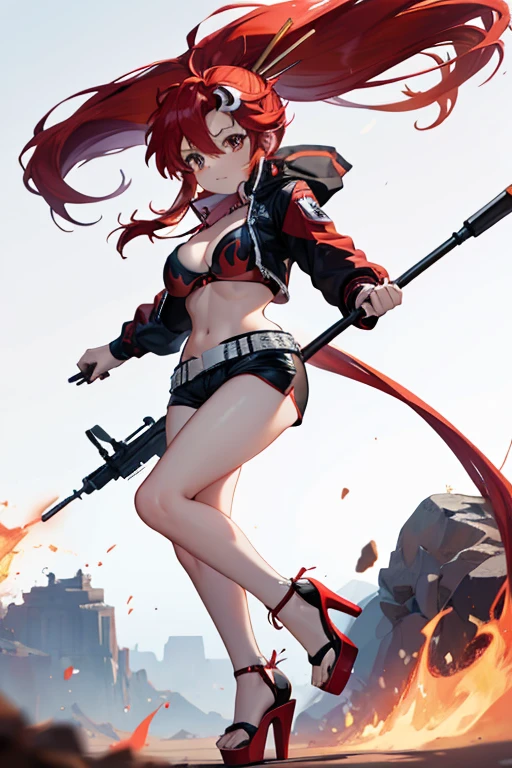 Yoko Littner red hair with long ponytail black bra with red flames black shorts with white belt on high heels open toe with platform sexy stripper white with red flames with a long rifle in the desert