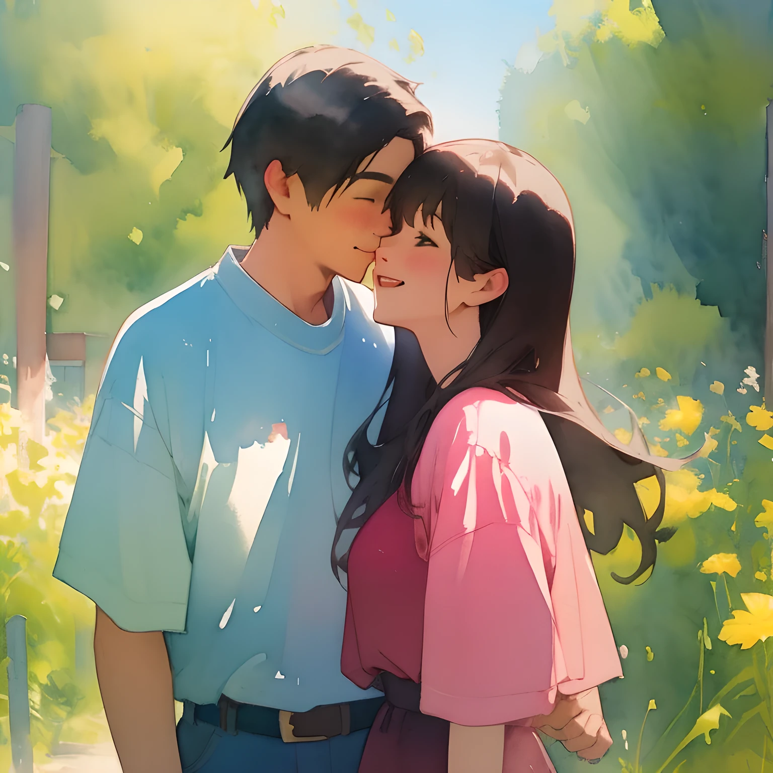 best quality, high resolution, ultra detailed, realistic, couple, upper body, everyday clothes, Scene of Happiness, heartwarming atmosphere, eternal love, watercolor