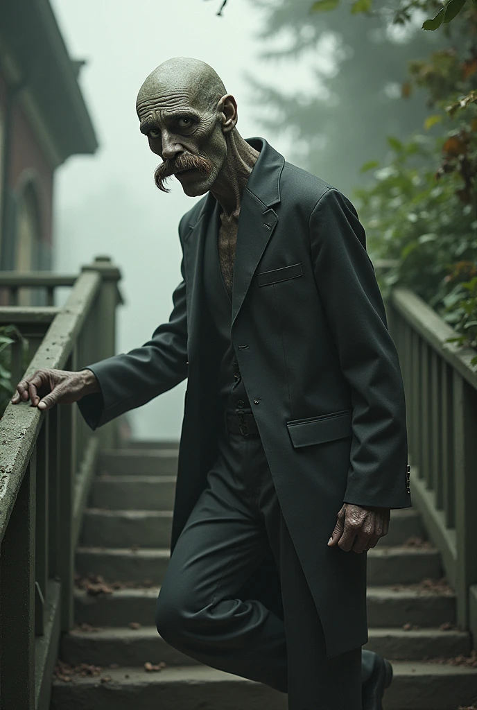 Best image quality, masterpiece, weird looking man, mustache, very short neck, wearing old fashioned suit, classic outdoor garden party background, going down stairs, rough skin, deep wrinkles, detailed skin expression, gray skin (blendless skin), thin man, detailed image texture, eerie, horror, eerie atmosphere (not AI image), cloudy, foggy
