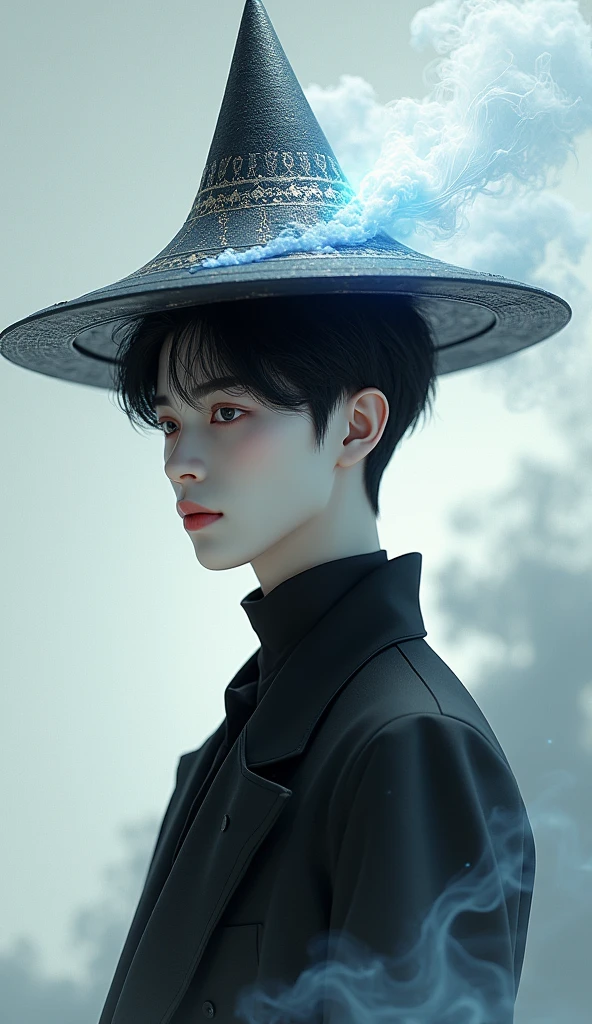 Create a 3D illustration of a 25 year old boy pure devine White skin, wearing a Black jacket and conical hat with glowing color, detailed conical hat, smoke artistically forming a frame edit Photoshop Computer named, style, detailed face, focus on face, 8K