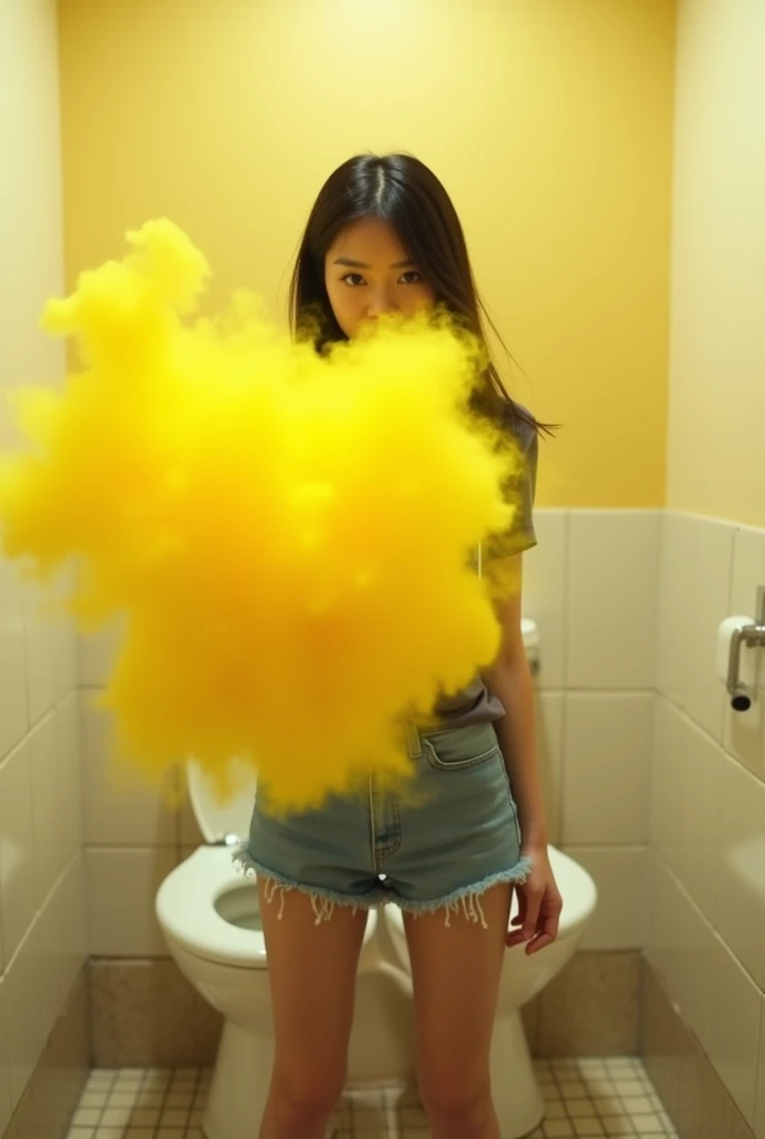 asian woman,fart,Butt towards the screen,,yellow smoke,restroom,toilet