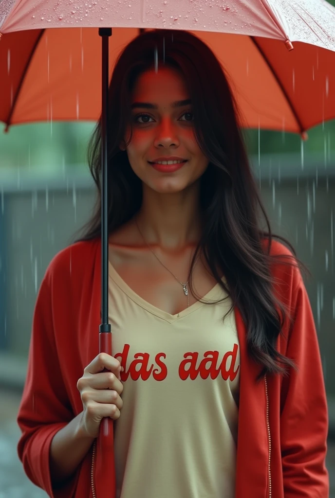 "Create an image of an Indian girl who is considered the most beautiful in the world. Her eyes should be similar to Shraddha Kapoor's—captivating and expressive. Her skin should be as radiant as Mahendra Singh Dhoni's—clear and glowing. She should be wearing a light-colored t-shirt with 'Das AAD' written on it, and a stylish red coat that hangs and adds a slightly attractive effect. Her odhni should be beautiful and complement her outfit. She is standing in the rain, holding an umbrella to protect herself. The image should capture her from head to toe, showcasing her full beauty and style. Her bosom should appear slightly attractive and eye-catching, with the coat enhancing this effect. She should be depicted as a devoted disciple of Sant Rampal Ji Maharaj, embodying honesty and Indian grace."
