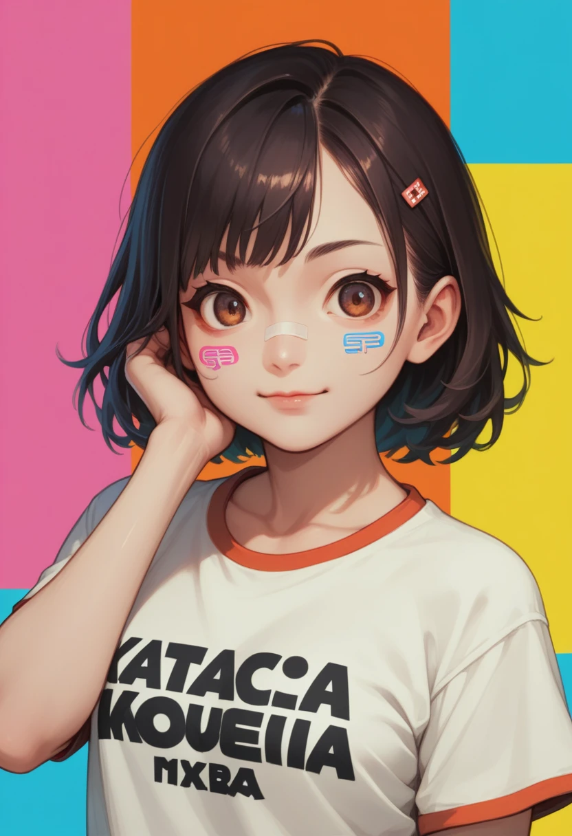 A cute anime-style girl wearing a t-shirt with the Russian text "Покажи маме" on it, colorful background, vibrant colors, detailed facial features, traditional Japanese animation style.