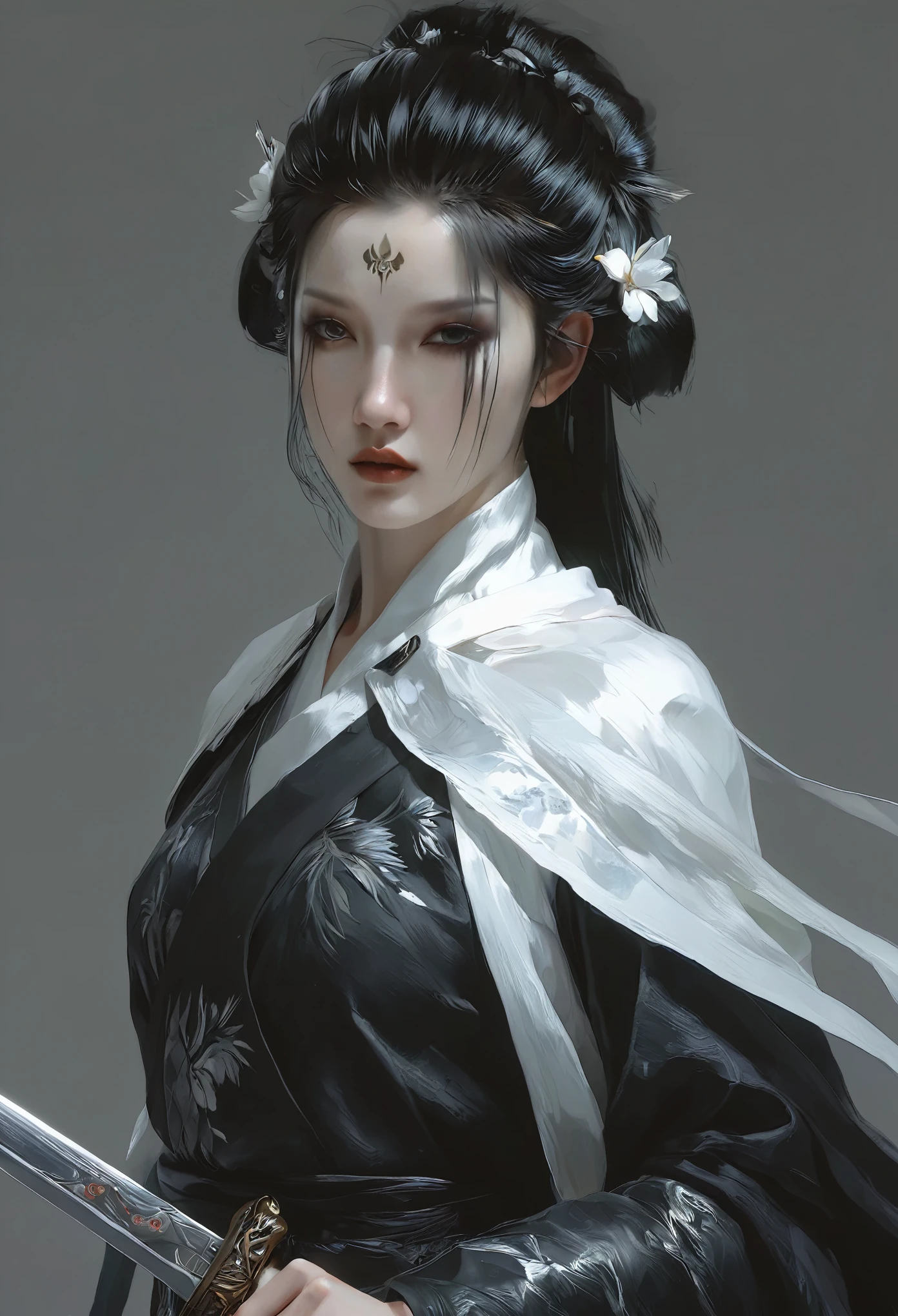 A woman with black hair and white skin, artwork in the style of Gu Weiss, Gu Weiss, the style of WLOP, ross tran and WLOP, Inspired by WLOP, Eve Ventro, in style of WLOP, WLOP and ross tran, Pan Chengwei on artstation, best on WLOP, WLOP |，A long sword hangs from his waist