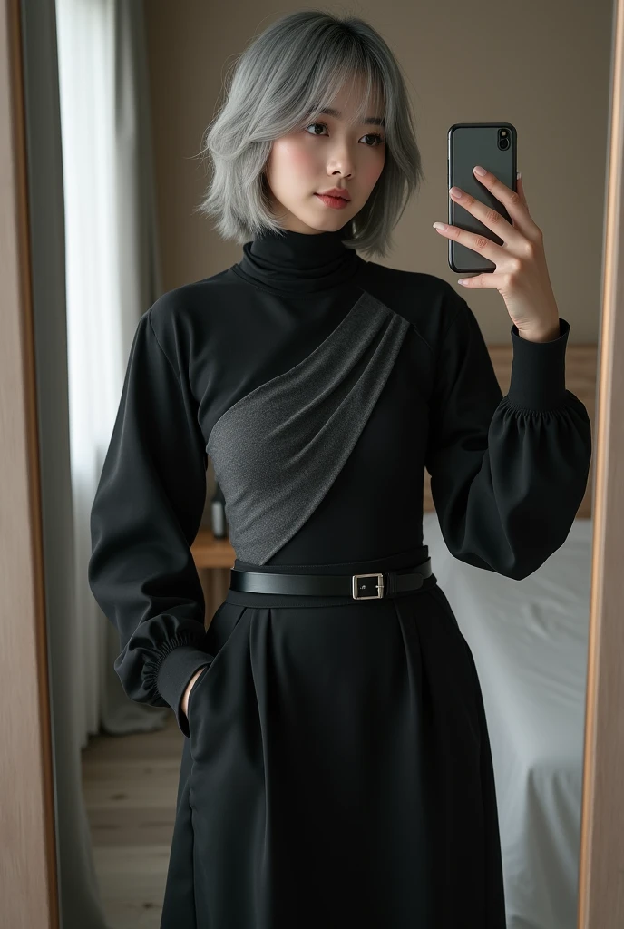 highly detailed, beautiful, hyper Realistic girl, masterpiece, best quality, Japanese sexy gravure woman, 28 years old, identity hidden, takes a selfie in her room using a smartphone in front of a mirror with one hand, fashion model Posing, looking away from the camera, /// gray short hair, light color eyes, Realistic skin, Detailed face, /// black-themed, futuristic-inspired fall outfit, black asymmetrical long shirt with a sleek, form-fitting turtleneck in a soft gray fabric. Combine this with high-waisted black layered maxi skirt made from a modern silhouette, Footwear should include black, futuristic sneakers with Thick soles. Accessories might involve a slim, metallic belt and a minimalist silver crossbody bag. The overall look should blend modern functionality with futuristic elements, offering a fresh, forward-thinking take on autumn fashion, /// Monotone simple modern taste single room, mirror, complicated background