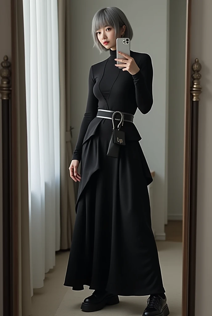 highly detailed, beautiful, hyper Realistic girl, masterpiece, best quality, Japanese sexy gravure woman, 28 years old, identity hidden, takes a selfie in her room using a smartphone in front of a mirror with one hand, fashion model Posing, looking away from the camera, /// gray short hair, light color eyes, Realistic skin, Detailed face, /// black-themed, futuristic-inspired fall outfit, black asymmetrical long shirt with a sleek, form-fitting turtleneck in a soft gray fabric. Combine this with high-waisted black layered maxi skirt made from a modern silhouette, Footwear should include black, futuristic sneakers with Thick soles. Accessories might involve a slim, metallic belt and a minimalist silver crossbody bag. The overall look should blend modern functionality with futuristic elements, offering a fresh, forward-thinking take on autumn fashion, /// Monotone simple modern taste single room, mirror, complicated background
