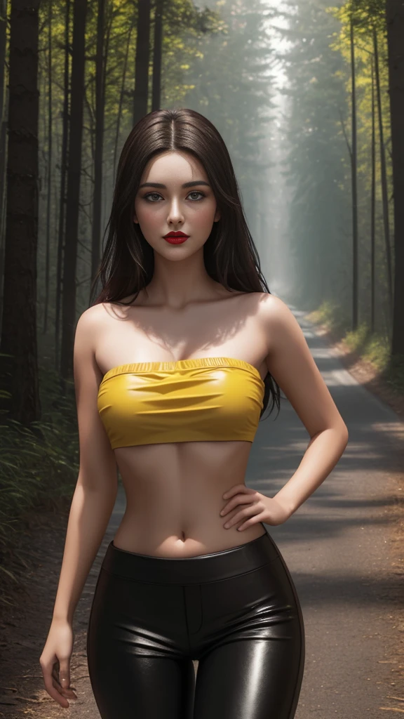 teenage girl, dark brown hair, yellow strapless top, gorgeous face, beautiful make-up, medium red lips, slender figure, beautiful belly, showing midriff, black rubber pants, background of a lonely road in the forest. Night, RAW photos, highest quality, masterpiece, ultra high resolution, 30k, 3D, cinematic light, Breathtaking light, Shallow depth of light, Exquisite clothing details, high-detail, UDR, Sharp focus, Physics-based rendering