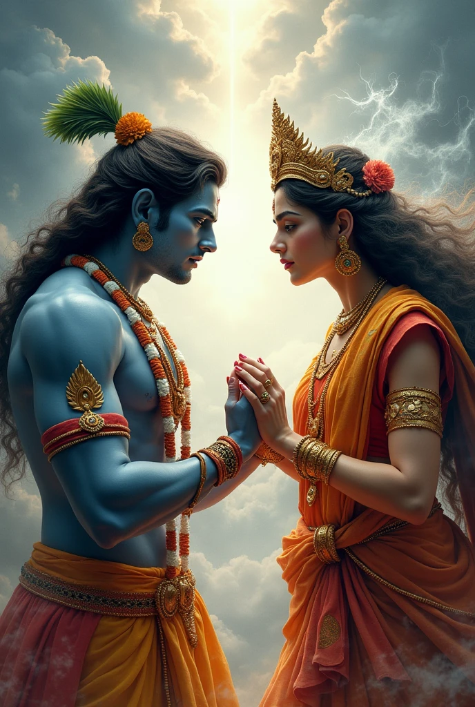 An angry Lord Krishna is seen arguing with Indra Bhagavani