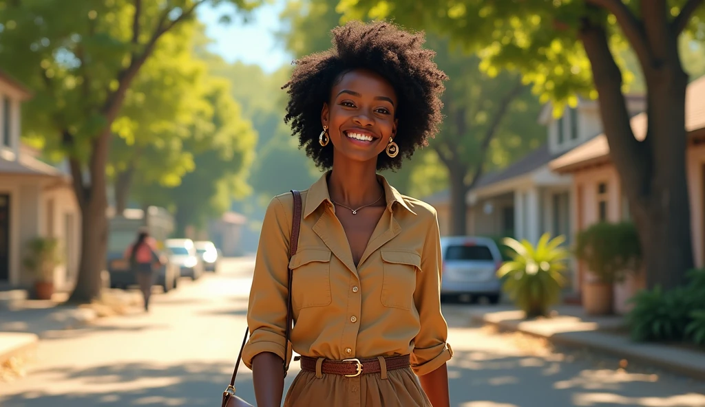 smart and happy Black woman going in the local road joy filled 