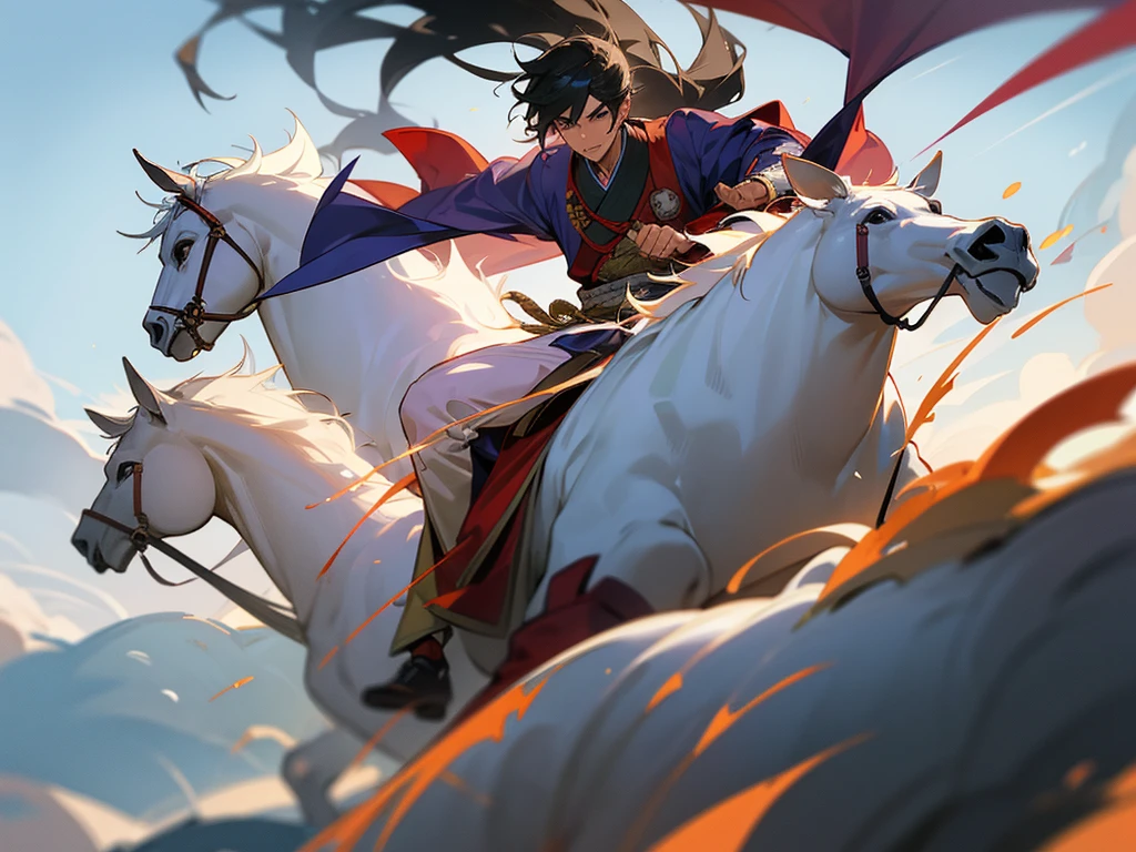 A detailed and dynamic image of a young man dressed in traditional Chinese wuxia (martial arts) attire from ancient times. He is riding a white horse at full gallop, racing at an incredible speed. The wind sweeps through his clothes and hair, capturing the intensity and urgency of his ride. The background blurs slightly, emphasizing the high speed and motion as the warrior charges forward with determination.
