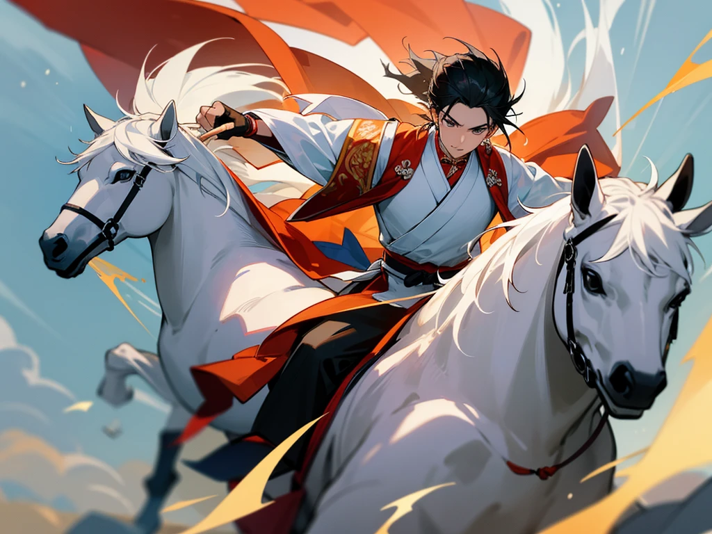 A detailed and dynamic image of a young man dressed in traditional Chinese wuxia (martial arts) attire from ancient times. He is riding a white horse at full gallop, racing at an incredible speed. The wind sweeps through his clothes and hair, capturing the intensity and urgency of his ride. The background blurs slightly, emphasizing the high speed and motion as the warrior charges forward with determination.