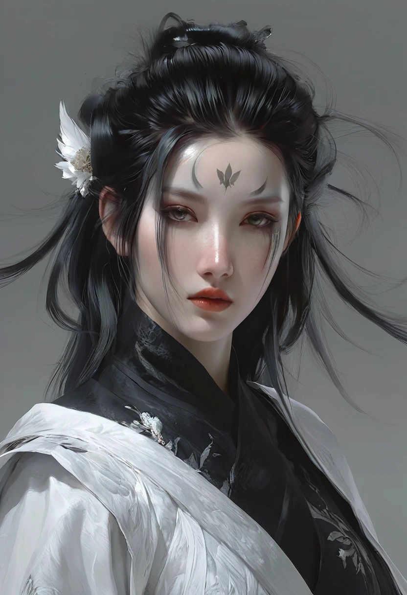 A woman with black hair and white skin, artwork in the style of Gu Weiss, Gu Weiss, the style of WLOP, ross tran and WLOP, Inspired by WLOP, Eve Ventro, in style of WLOP, WLOP and ross tran, Pan Chengwei on artstation, best on WLOP, WLOP |，A long sword hangs from his waist