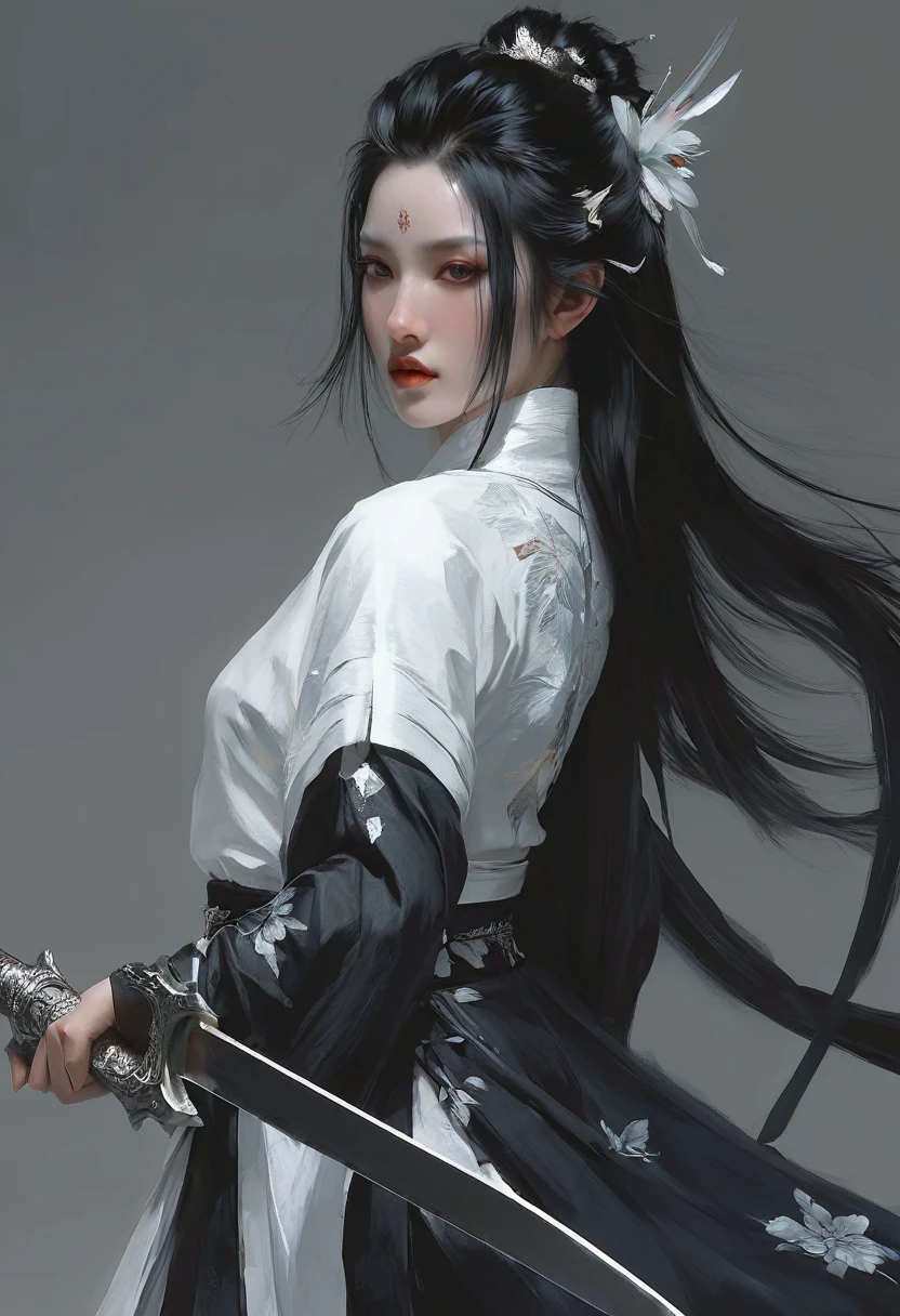 A woman with black hair and white skin, artwork in the style of Gu Weiss, Gu Weiss, the style of WLOP, ross tran and WLOP, Inspired by WLOP, Eve Ventro, in style of WLOP, WLOP and ross tran, Pan Chengwei on artstation, best on WLOP, WLOP |，A long sword hangs from his waist