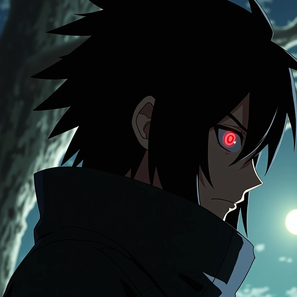 (masterpiece:1.2) (best quality) (detailed) (intricate) (8k) (HDR) (wallpaper) (cinematic lighting) (sharp focus), Sasuke,sharigan,red glowing eyes in the dark, leaning against a tree,night time, extremely dark, outline of Sasuke and his crimson red eyes in the dark, moonlight shining through the branches, Naruto artstyle 
