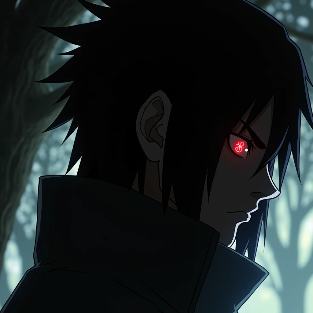 (masterpiece:1.2) (best quality) (detailed) (intricate) (8k) (HDR) (wallpaper) (cinematic lighting) (sharp focus), Sasuke,sharigan,red glowing eyes in the dark, leaning against a tree,night time, extremely dark, outline of Sasuke and his crimson red eyes in the dark, moonlight shining through the branches, Naruto artstyle