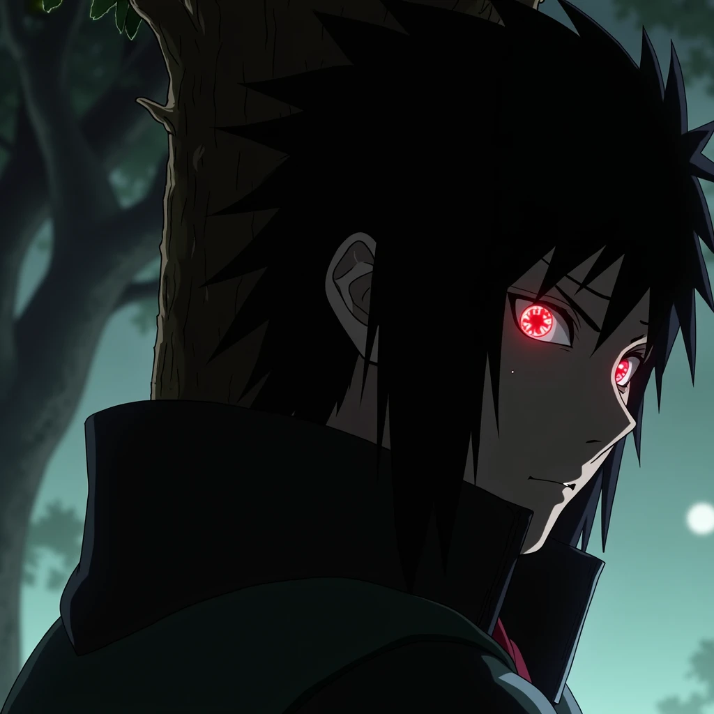 (masterpiece:1.2) (best quality) (detailed) (intricate) (8k) (HDR) (wallpaper) (cinematic lighting) (sharp focus), Sasuke,sharigan,red glowing eyes in the dark, leaning against a tree,night time, extremely dark, outline of Sasuke and his crimson red eyes in the dark, moonlight shining through the branches, Naruto artstyle 