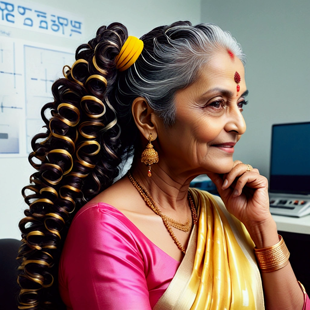 (full body),in indian office,well build,65 years old indian lady in sarees,ear combed slick scalp weaviness shows 3c curly hair,like bob hair color noodles,made in to single ponytail,ponytail stating bushy after band,Flooded with 100 liters of oil over thier hair,hairs like oil pulp,hairlines are all together till the end,showcasing the clean lines,clean scalp,
