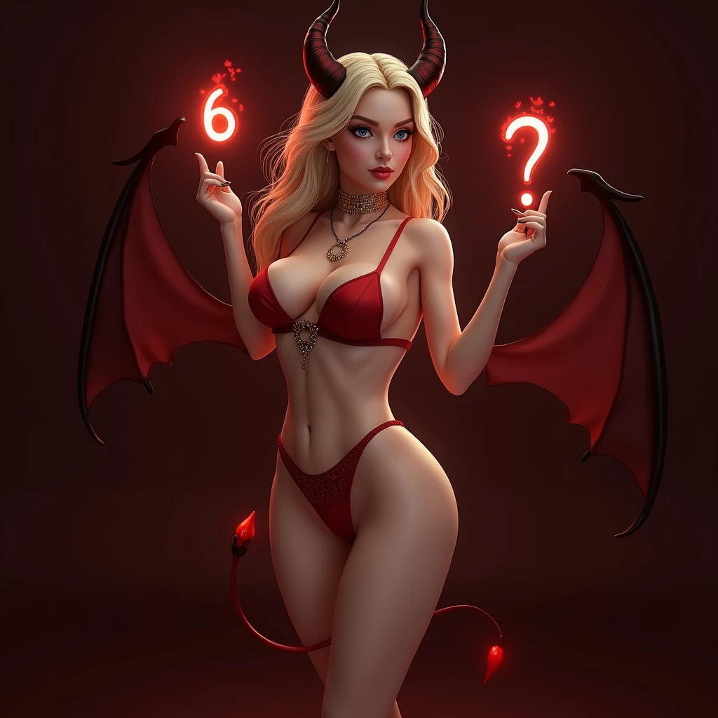 woman dressed in red underwear with devil horns, she should be very realistic, 4k, 8k, real woman, blonde hair, blue eyes, hourglass silhouette, young 20 years old, wide hips, big ass, rebus 6 + 9 = ?, the girl should not cover the rebus, erotic background, girl should not cover 6, girl shoud not cover 9 girl shoud not cover ? create a rebus: "6 + 9 = ?"
