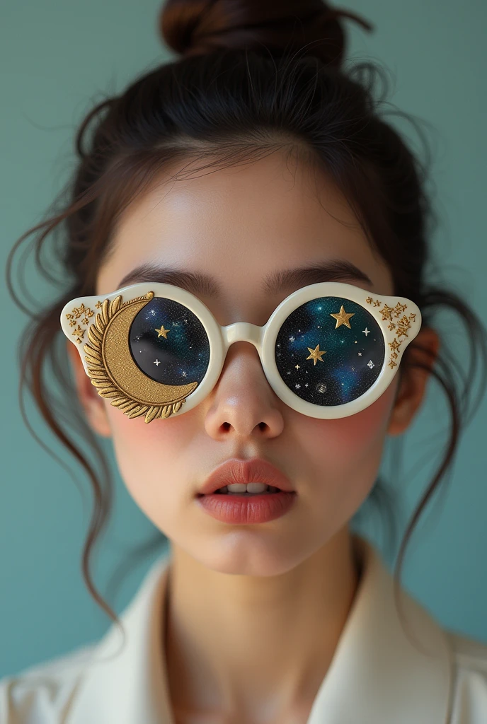 The model is wearing glass sunglasses with stars and the moon on the glass