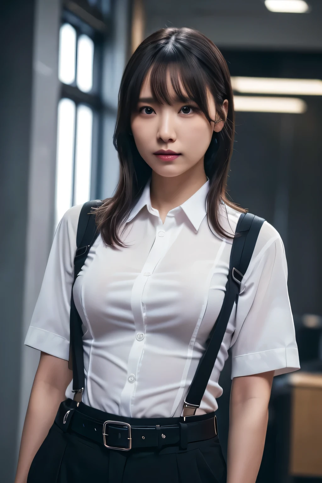 a woman in a suit, belt, hands behind back, sweating, suspenders, black pants, sexly, large breasts, see-through clothing, rain, detective, office worker, white button-up shirt, (best quality,4K,8k,highres,masterpiece:1.2),ultra-detailed,(realistic,photorealistic,photo-realistic:1.37),hyper-detailed,highly detailed face and body, Slender thin suspenders Moderate breasts See-through shirt Nipples holster chain Pistol Armament criminal Female criminal knife