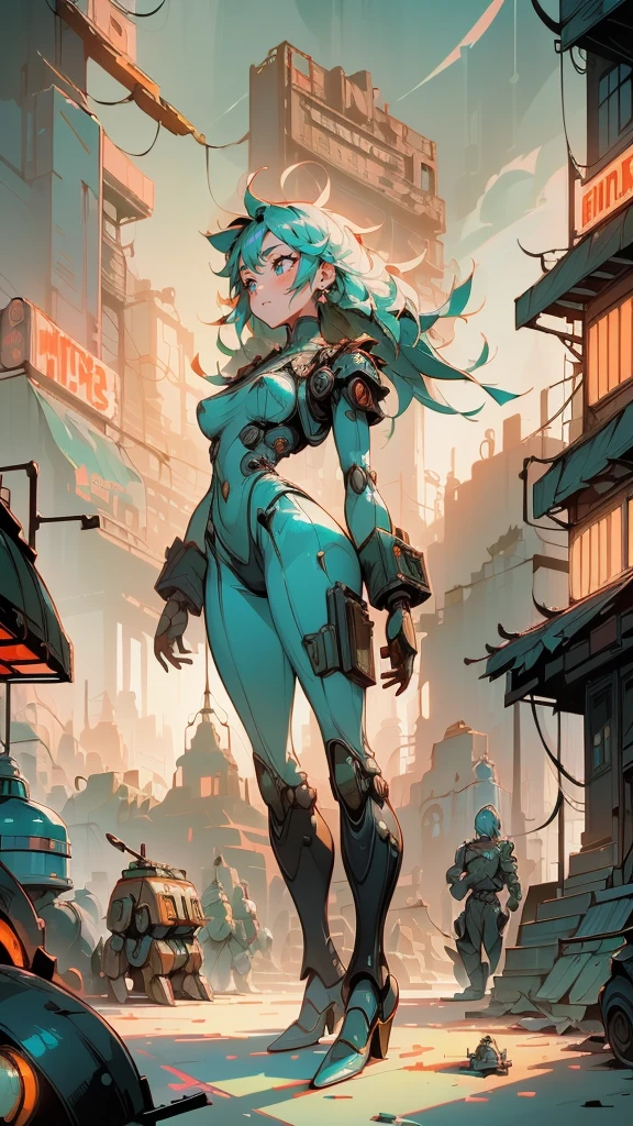 Highest quality、Highly detailed、Full Body Shot、A beautiful girl who is always smiling、Pure white teeth、Disheveled Hair、Shabby bodysuit、Surrounded by vintage toy robots、A city made of tin and metal like a can、A cluttered city、Retro、Sepia contrast、Rusty Door、Fantasy Punk City、Warm atmosphere