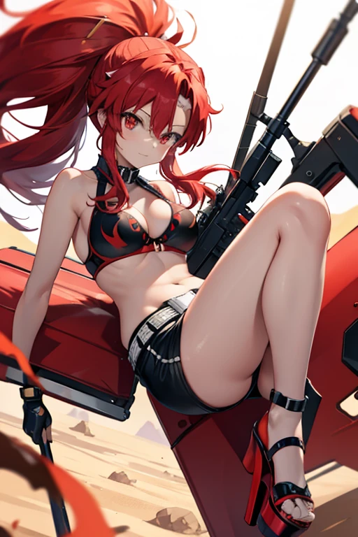 Yoko Littner red hair with long ponytail black bra with red flames black shorts with white belt on high heels open toe with big platform sexy stripper white with red flames with a long rifle in the desert