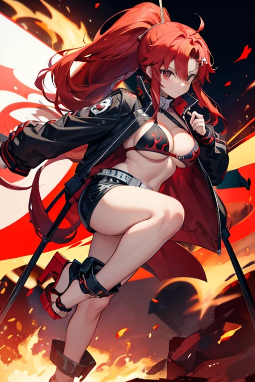 Yoko Littner red hair with long ponytail black bra with red flames black shorts with white belt on high heels open toe with big platform sexy stripper white with red flames with a long rifle in the desert 