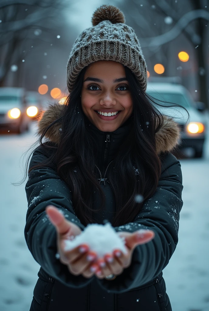 RAW photo, award winning portrait of 20yo Tamil girl, beautiful, big smile, black eyes, throwing snowball behind a car, winter, snow in the street, winter coat and hat, long black hair, perfect 5 fingers, outside, central park at night, (high detailed skin:1.2), K HDR, DSLR, soft lighting, high quality, film grain, Fujifilm XT3