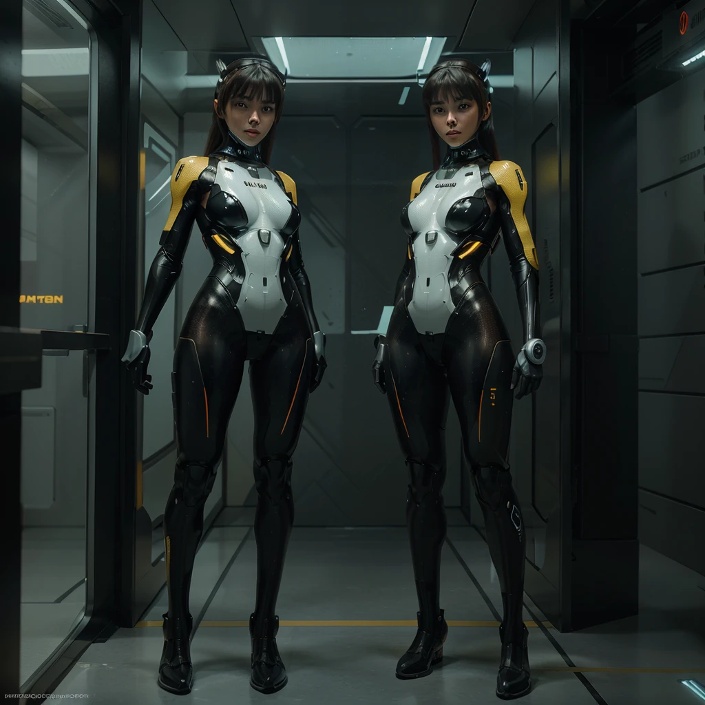 A full-body shot (full body shoot:1.5) of a lone female mecha pilot, shown from head to toe, in a sleek, form-fitting futuristic pilot suit with advanced protective gear. She stands confidently, exuding determination, with a transparent visor helmet showing her focused expression. The background features a high-tech, neon-lit cyberpunk cityscape, with vibrant lights reflecting off her suit. The scene is illuminated with cinematic lighting, emphasizing the high-tech environment and her powerful presence. The composition captures the detailed textures and intricate design of her suit in ultra-high resolution.