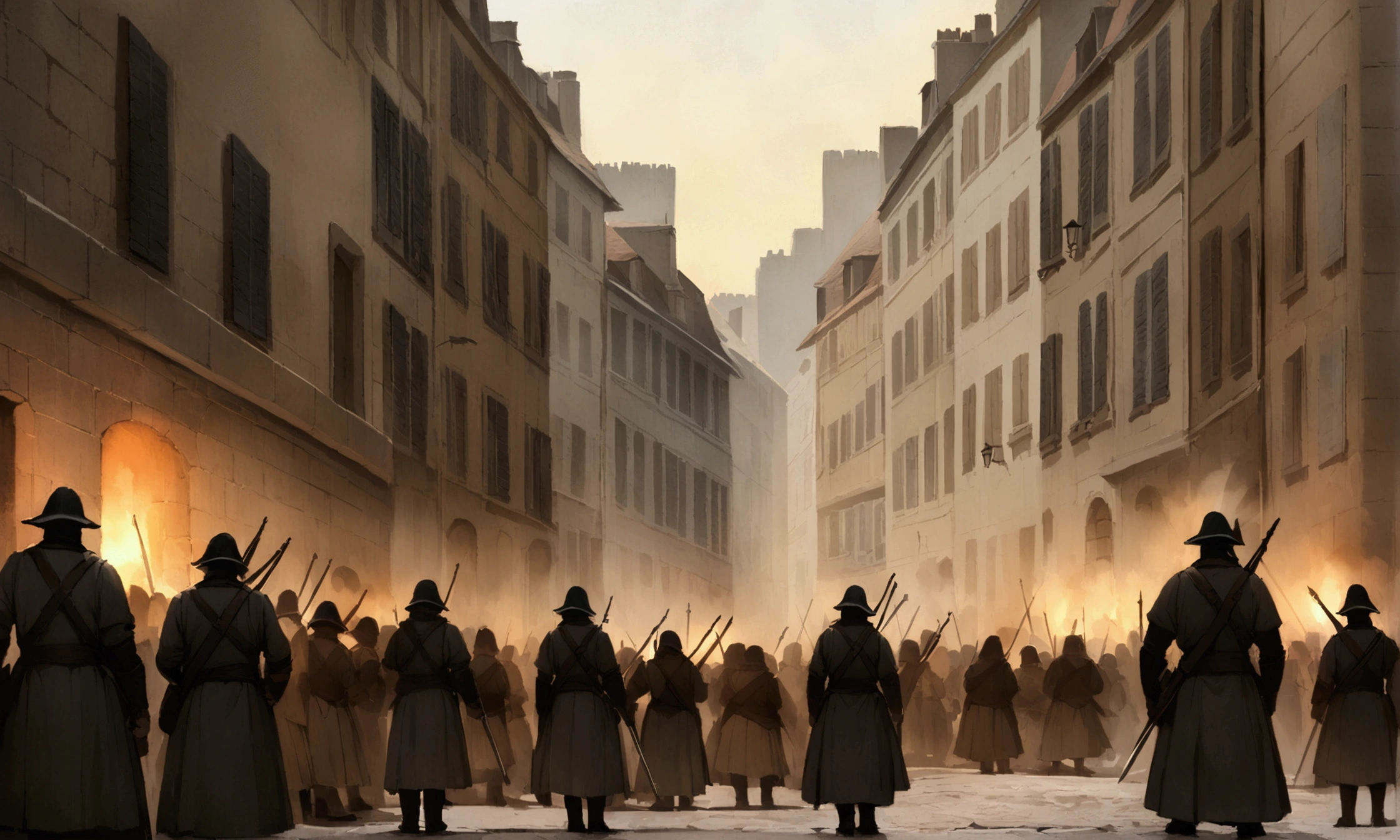 This photo is from France in the 18th century,Overlooking a crowded city street, The Bastille is stormed