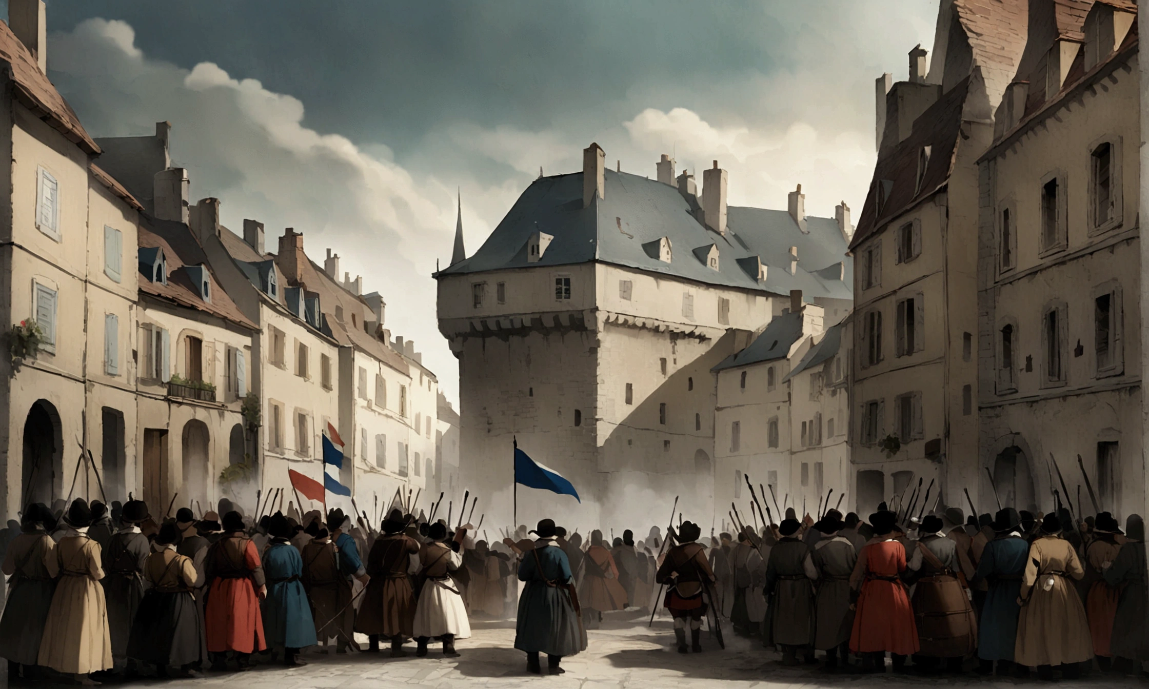 This photo is from France in the 18th century，Overlooking a crowded city street, The Bastille is stormed