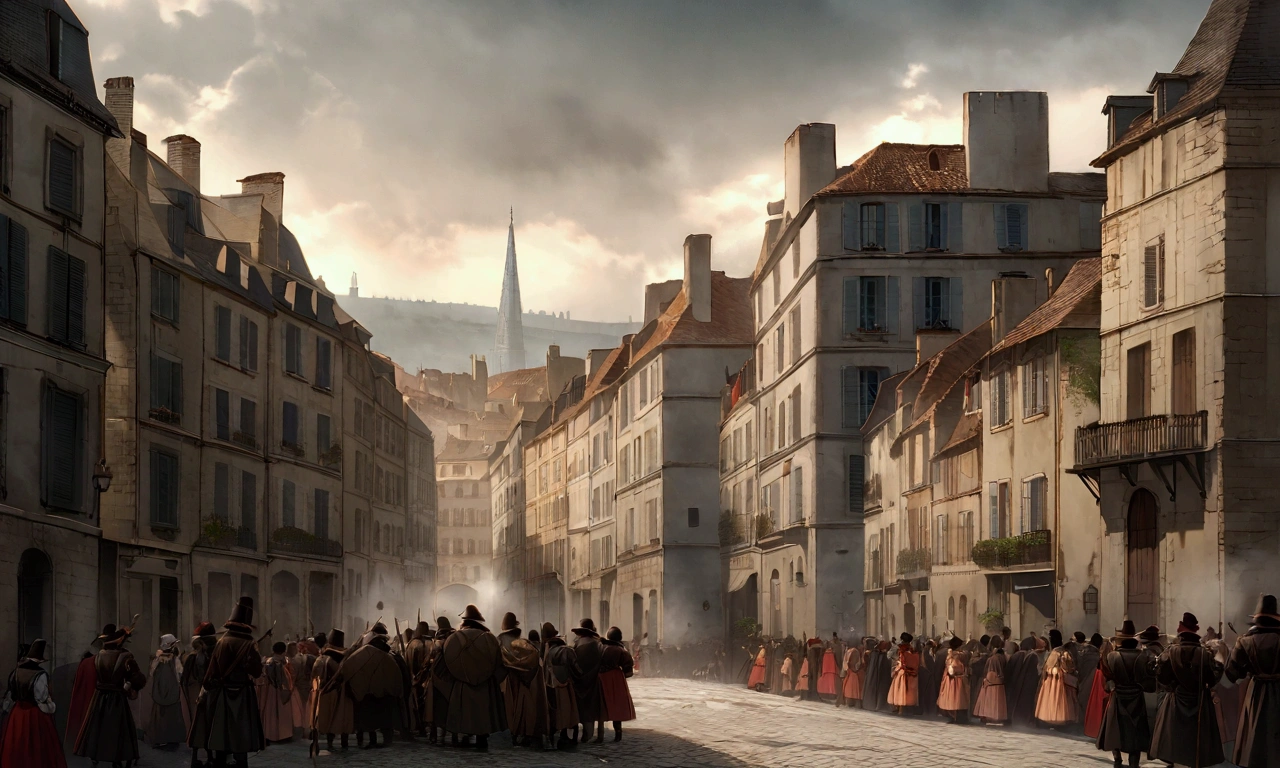 This photo is from France in the 18th century，Overlooking a crowded city street, The Bastille is stormed