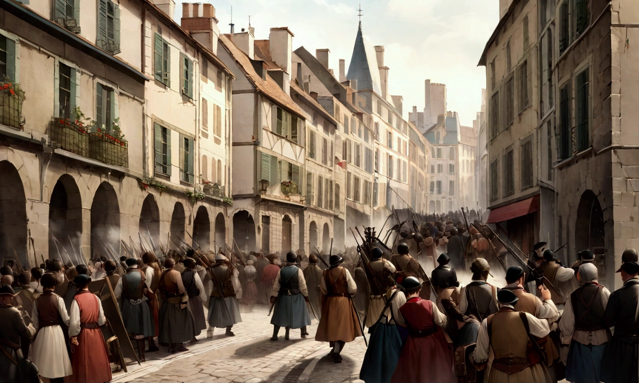 This photo is from France in the 18th century,Overlooking a crowded city street, The Bastille is stormed