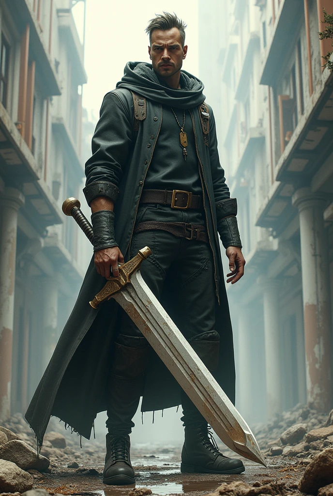 Tall lean man with glasses, short messy hair with light mustache, giant great sword, modern clothes 