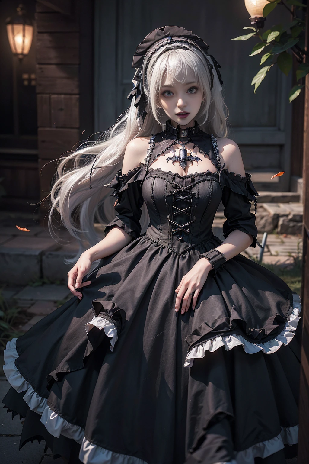 Very Detailed CG Unity 32K Wallpaper), The ultimate masterpiece, Best quality, 32K, uhd, ultra high resolution, RAW photos, photoreal stick, (reality_Photoreal raw photo:1.7), whole body, standing, Domineering expression, (reality적인:1.7), gothic ta dress를 입은 소녀1명, alone, Reflective light, halo, Long platinum blonde hair, silver hair, what makeup, K-Pop Idol Makeup, sparkling fine skin texture, White skin, beautiful face, pretty eyes, Pretty nose, Pretty mouth, Sparkly pink lips, blue eyes, Beautiful and perfectly proportioned body, Round big, slim waist, round big ass, Beautiful real hands, pretty fingers, nice long legs, bare shoulders, Accurate and high color, (gothic loliress:1.7), Wearing a dress, Attractive models, provocative pose, garden, face, At noon, reality적인 햇살, flowers, tree, blue sky, Fallen leaves and flower petals, Blown by the Wind, looking at the viewer, ultra detail, 