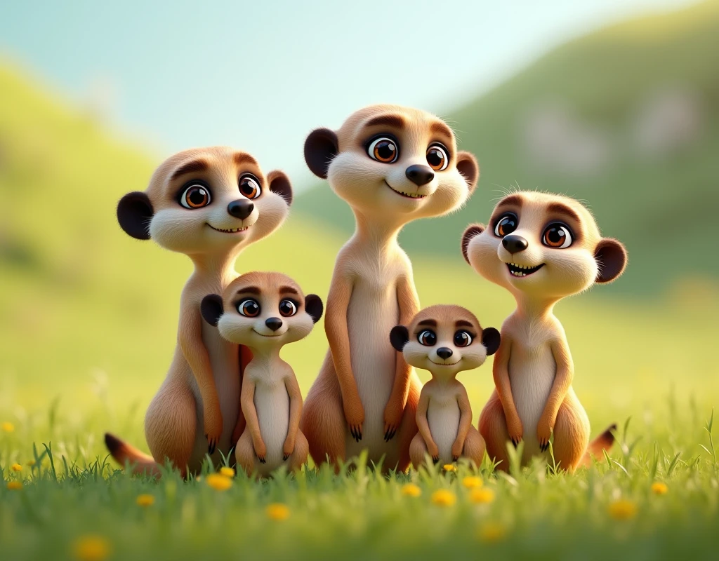 masterpiece,The best composition,3D Characters,Cartoon style,Family of meerkat,Standing side by side, looking at me,grassland,cute,Soothing.