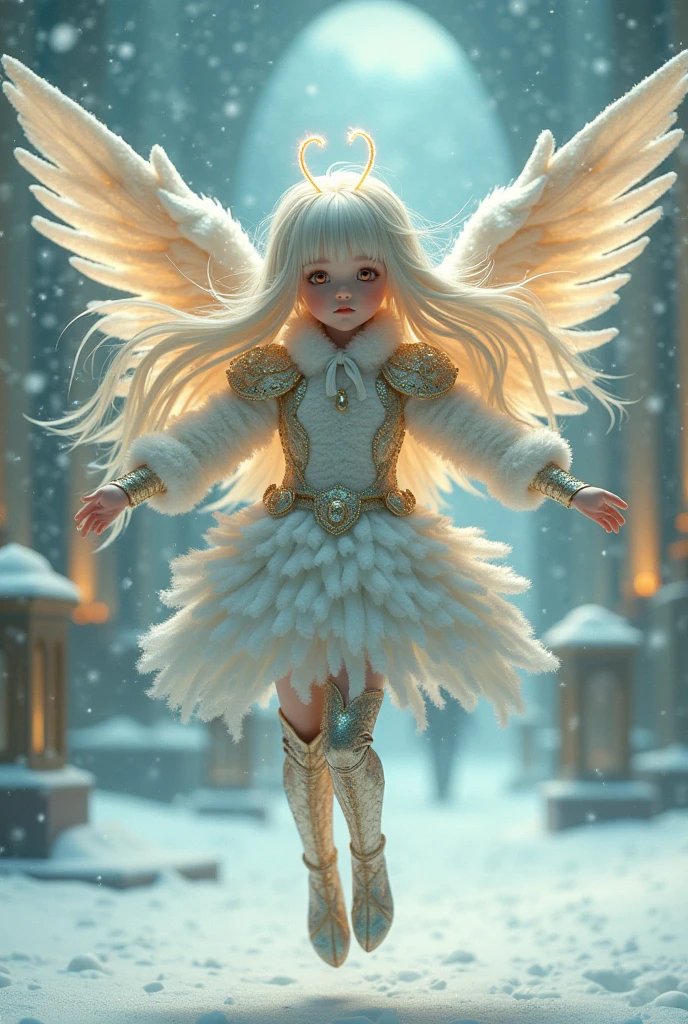 (background:snow scene, snow art museum, Asahikawa):1.33, (masterpiece, japanese_anime, official_art, octane-render):1.33, (a dancing angel hands up), detailed light orange shinning eyes,  (from below,airborne:1.2), (wide shot:1.3), (having detailed idol-type girls:1.1), (cherubic face,delicate facial features), (ennui,half-opened mouth,emphasis on facial expression), (extremely detailed gradient eyes), (sharp-long aquamarine eyes,half-opened eyes:1.2),(detailed green eyes, platinum hair,colored inner green ombre hair multicolored hair,antenna hair):1.21,  (color temperature), (Fluffy platinum scumbling colored shiny sequins armor,platinum long boots), (cinematic light,and particle light), colorful, dramatic shadows, light-shadow symmetry,(motion_blur, light trail, flying snow, moving at flying, straight):1.3, (scales, intricate details), dynamic pose, looking afar, outstretched arms,(shiny platinum wristband:1.3), ethereal lighting