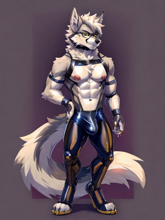 Male, robot wolf, detailed yellow eyes, long tail, big nipples, slim, sly, simple background,, smirk, bulge, glasses, tail wrapping around body,Sexy latex swimsuit,full body,footwear,lycaon